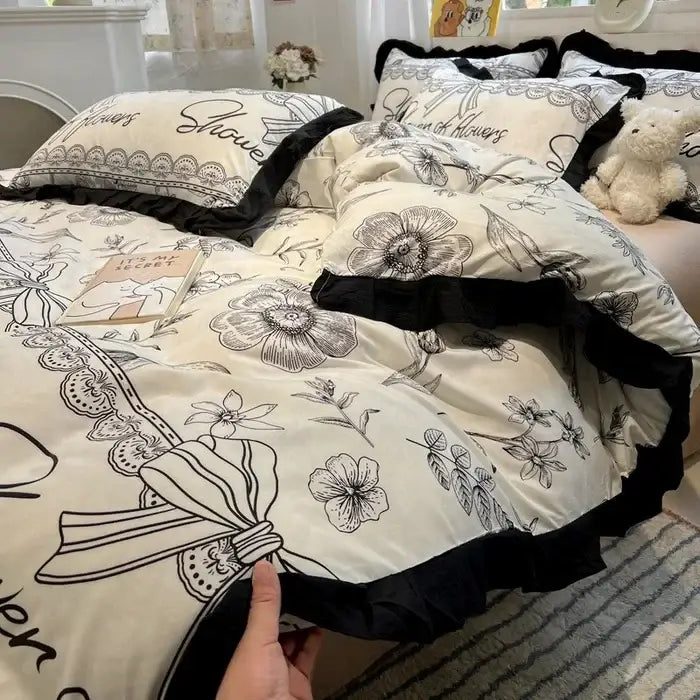 Black white printed floral ruffled bedding set bedroom linens