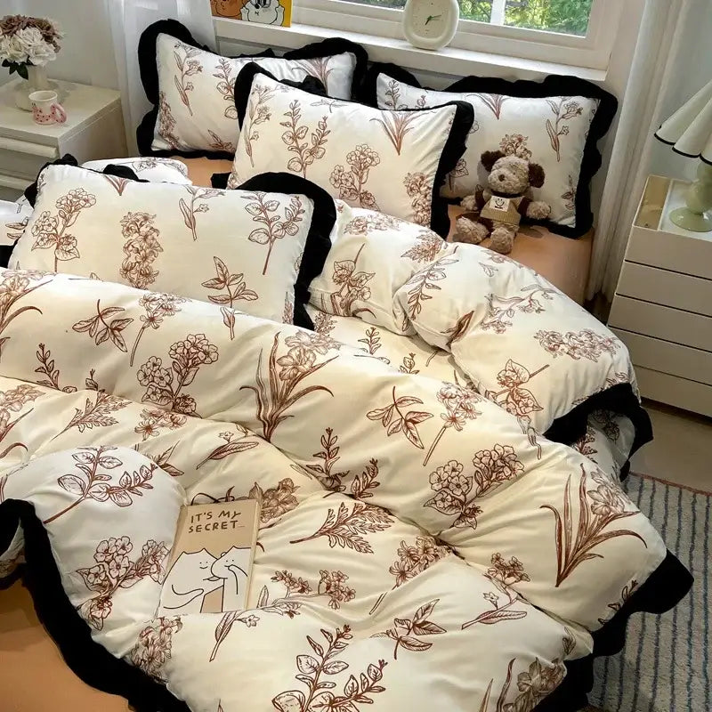 Black white printed floral ruffled bedding set bedroom linens