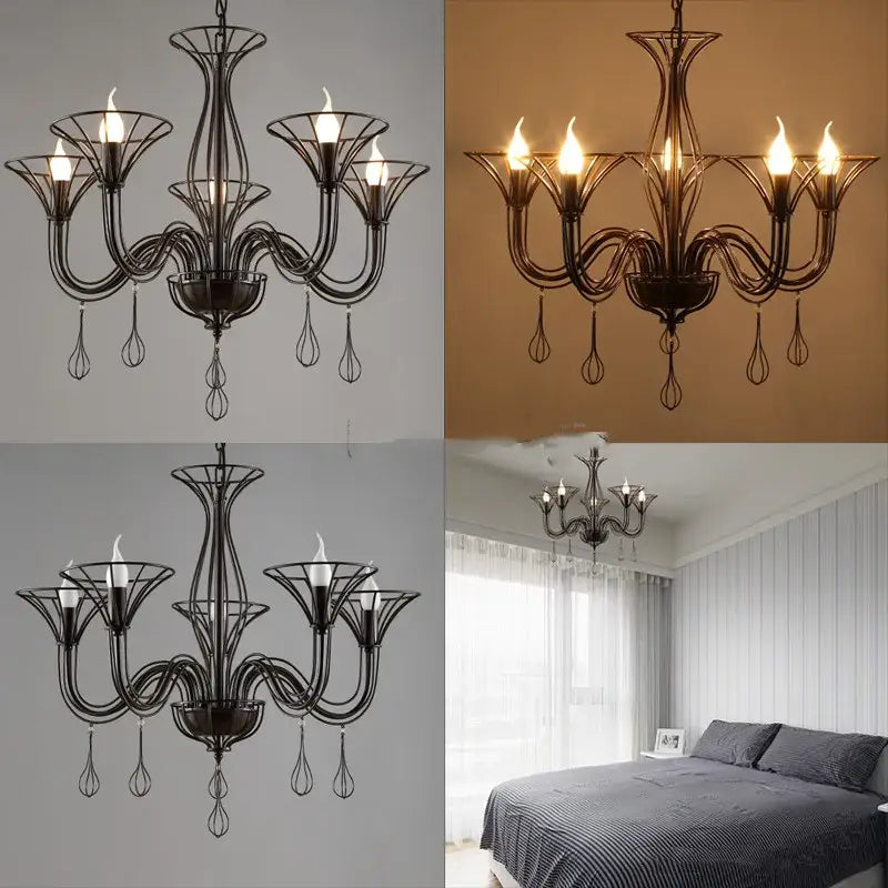 DecorBites™ Black Wrought Iron Chandelier LED Candle Frame Chandelier for Foyer, Living & Dining Room