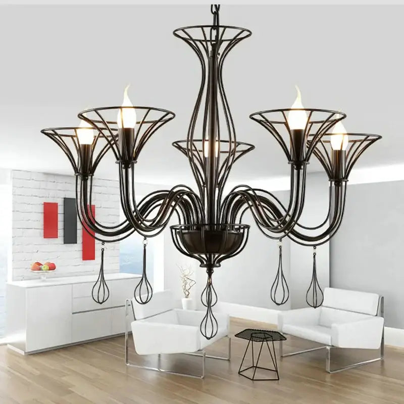 DecorBites™ Black Wrought Iron Chandelier LED Candle Frame Chandelier for Foyer, Living & Dining Room