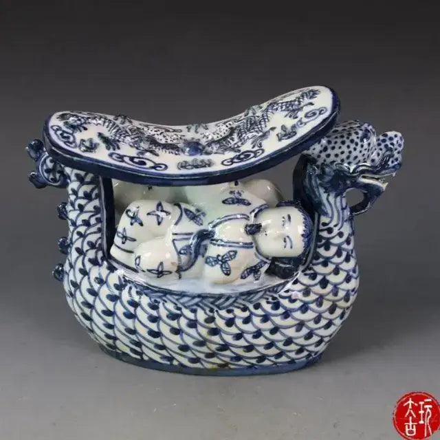 Blue and white porcelain dragon boat statue bedroom decor