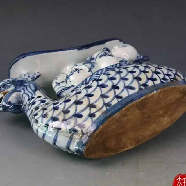 Blue and white porcelain dragon boat statue bedroom decor