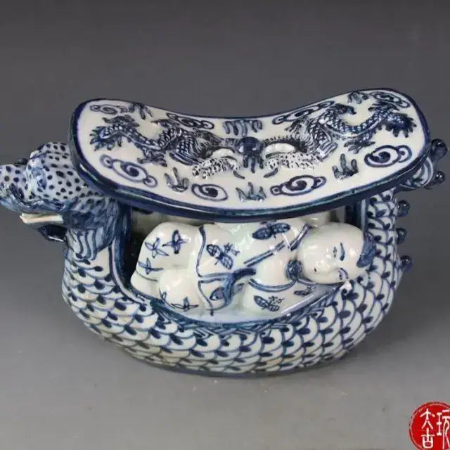 Blue and white porcelain dragon boat statue bedroom decor