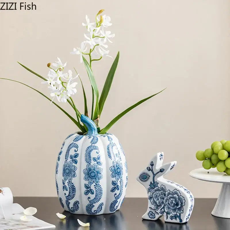 Blue and white porcelain pumpkin vase living room floral decor