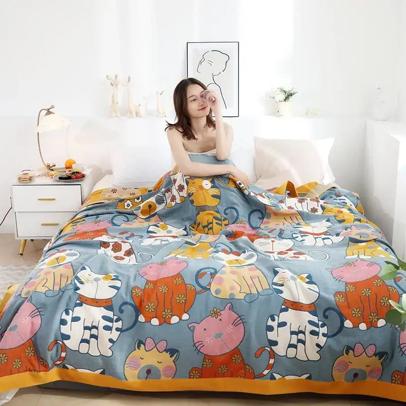 Blue cartoon cat summer quilt bedroom cotton leisure blanket