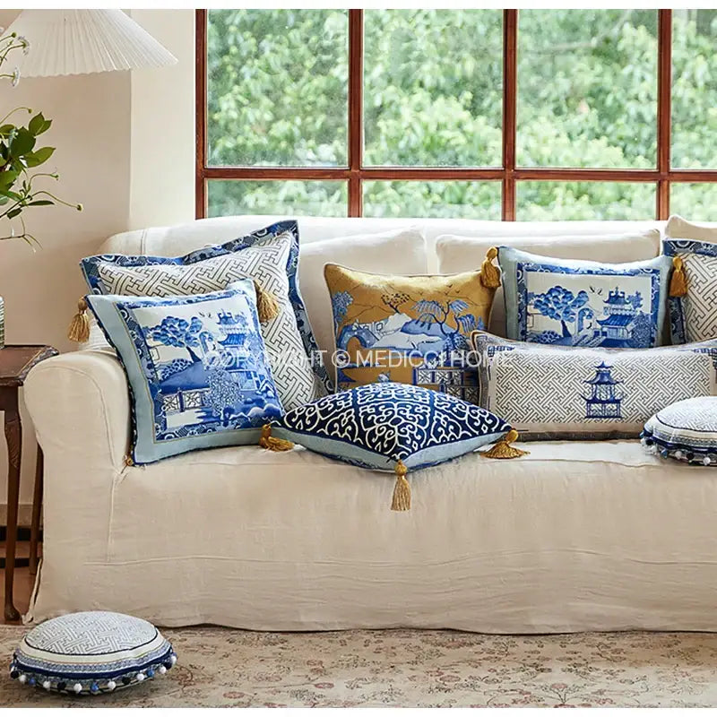 DecorBites™ Blue Chinoiserie Home Pagoda Bolster Pillowcase 30x65 Luxury Cushion Cover