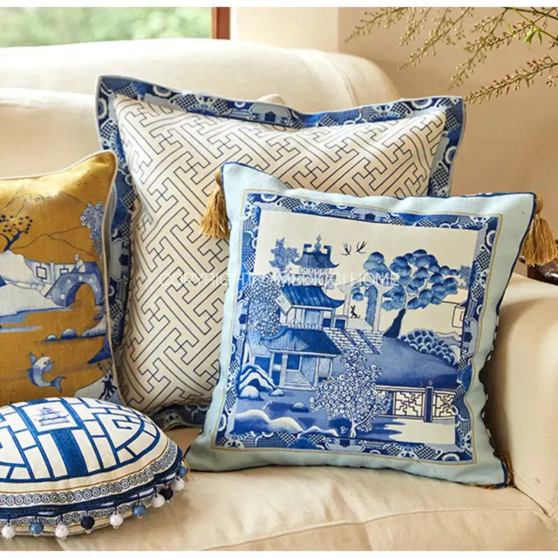 DecorBites™ Blue Chinoiserie Home Pagoda Bolster Pillowcase 30x65 Luxury Cushion Cover