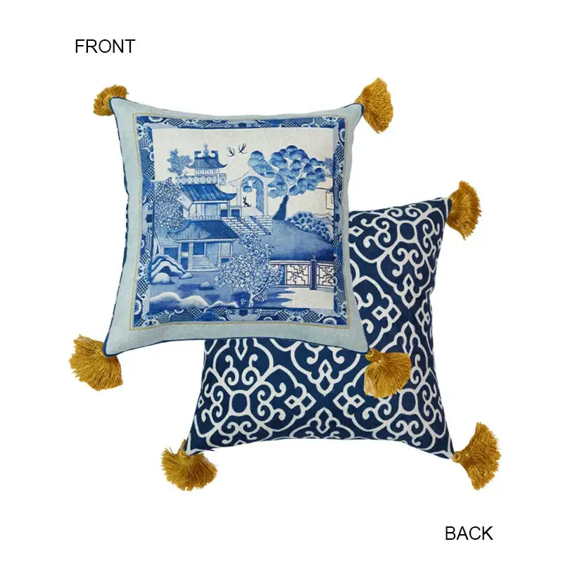 DecorBites™ Blue Chinoiserie Home Pagoda Bolster Pillowcase 30x65 Luxury Cushion Cover