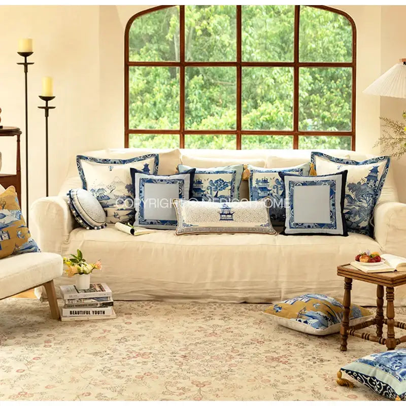 DecorBites™ Blue Chinoiserie Home Pagoda Bolster Pillowcase 30x65 Luxury Cushion Cover