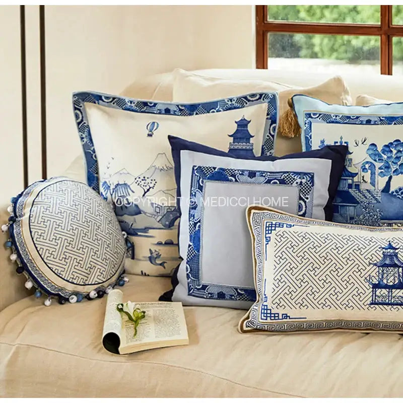 DecorBites™ Blue Chinoiserie Home Pagoda Bolster Pillowcase 30x65 Luxury Cushion Cover