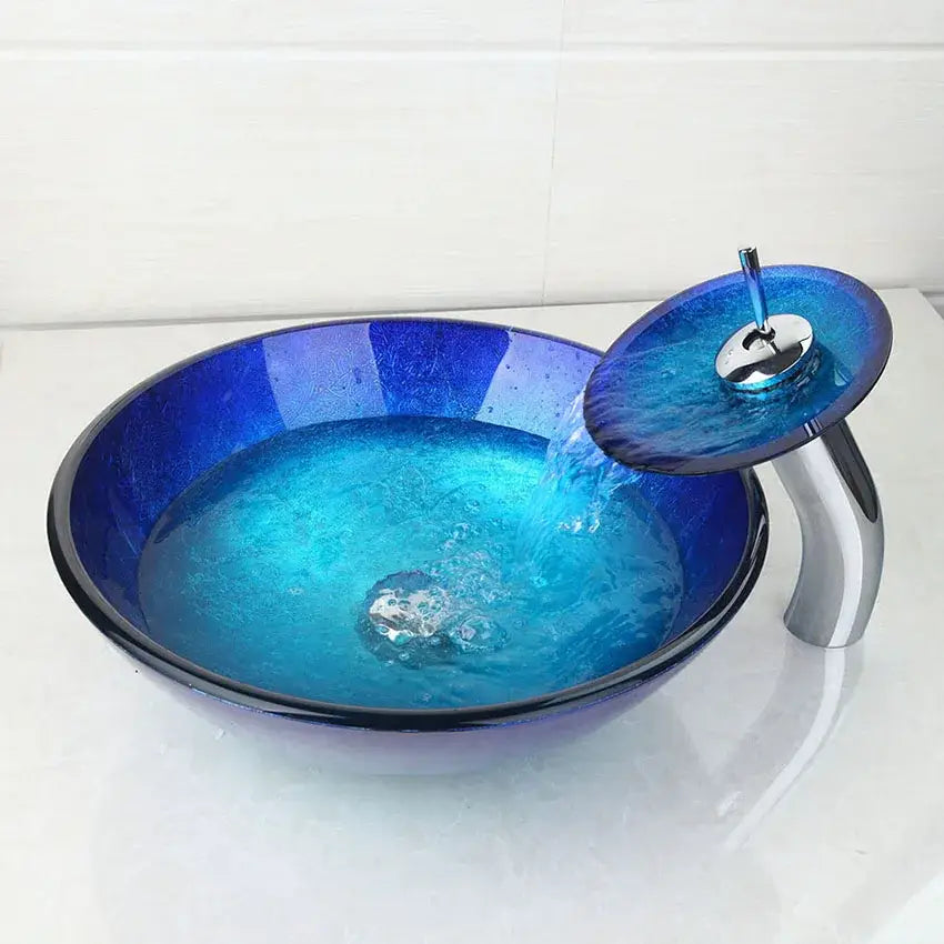 DecorBites™ Blue Chrome Tall Basin Tap with Hand-Painted Glass Waterfall Sink Set