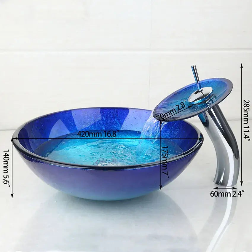 DecorBites™ Blue Chrome Tall Basin Tap with Hand-Painted Glass Waterfall Sink Set
