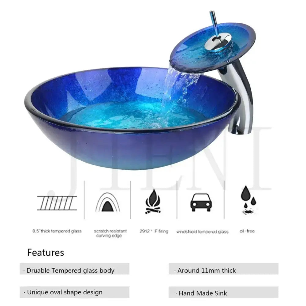DecorBites™ Blue Chrome Tall Basin Tap with Hand-Painted Glass Waterfall Sink Set