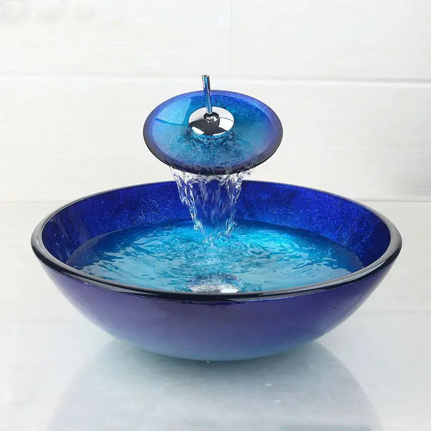 DecorBites™ Blue Chrome Tall Basin Tap with Hand-Painted Glass Waterfall Sink Set