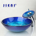 DecorBites™ Blue Chrome Tall Basin Tap with Hand-Painted Glass Waterfall Sink Set