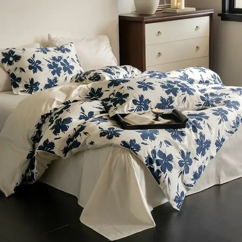 Blue floral 100s egyptian cotton bedding set bedroom decor