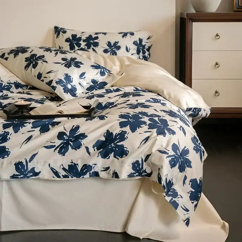 Blue floral 100s egyptian cotton bedding set bedroom decor