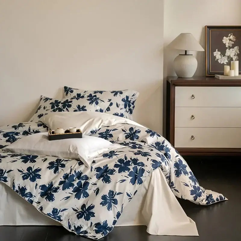 Blue floral 100s egyptian cotton bedding set bedroom decor