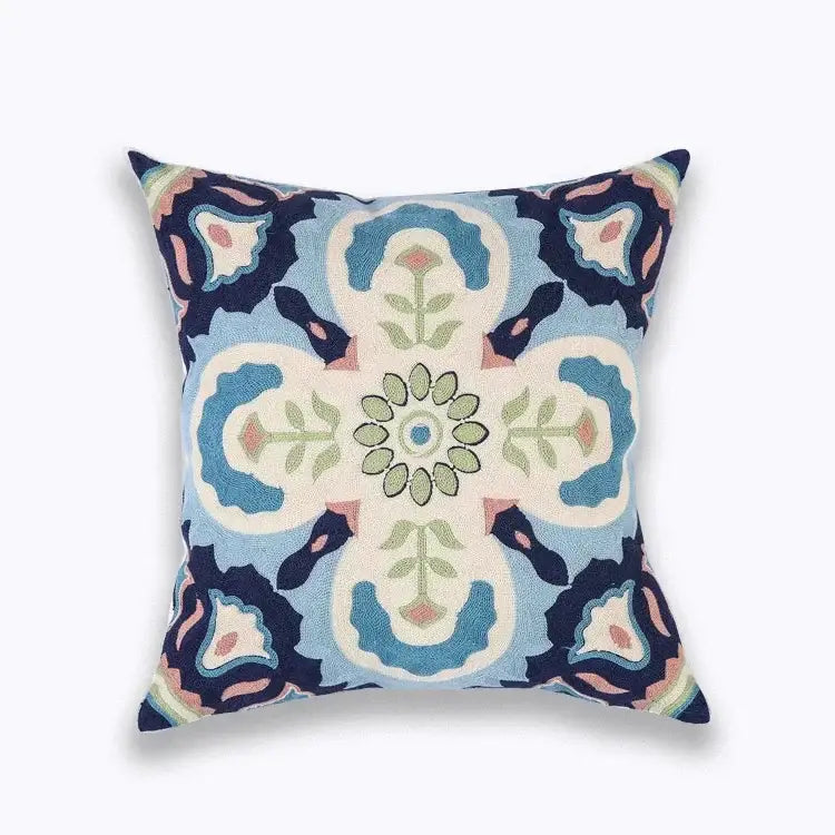 DecorBites™ Blue Floral Mandala Leaves Wave Embroidered 45x45cm Cotton Pillow Cover