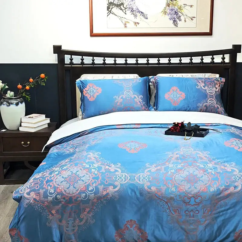Blue floral satin jacquard duvet cover set bedroom bedding