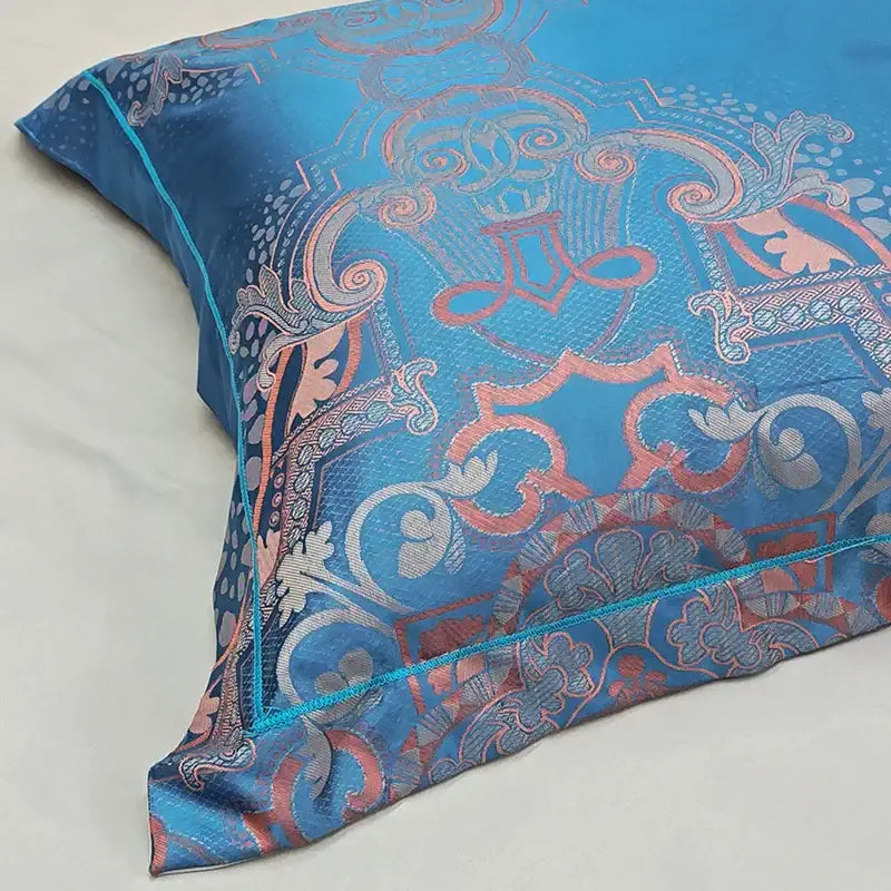 Blue floral satin jacquard duvet cover set bedroom bedding