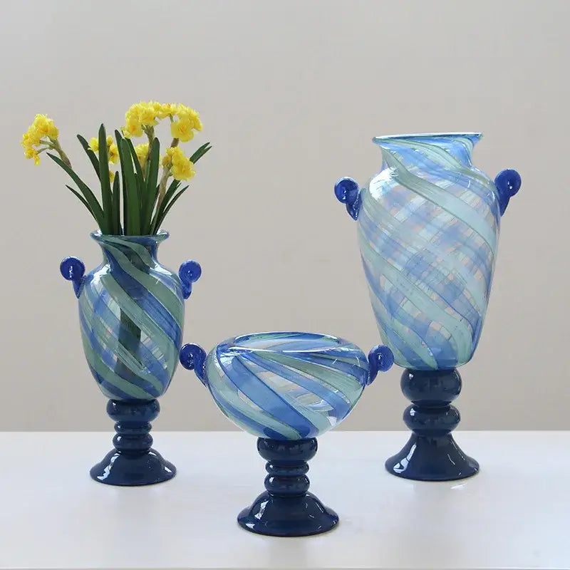 Blue striped transparent glass vase set – living room flower pot