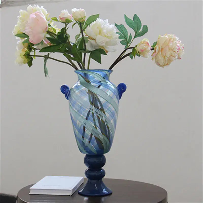 Blue striped transparent glass vase set – living room flower pot