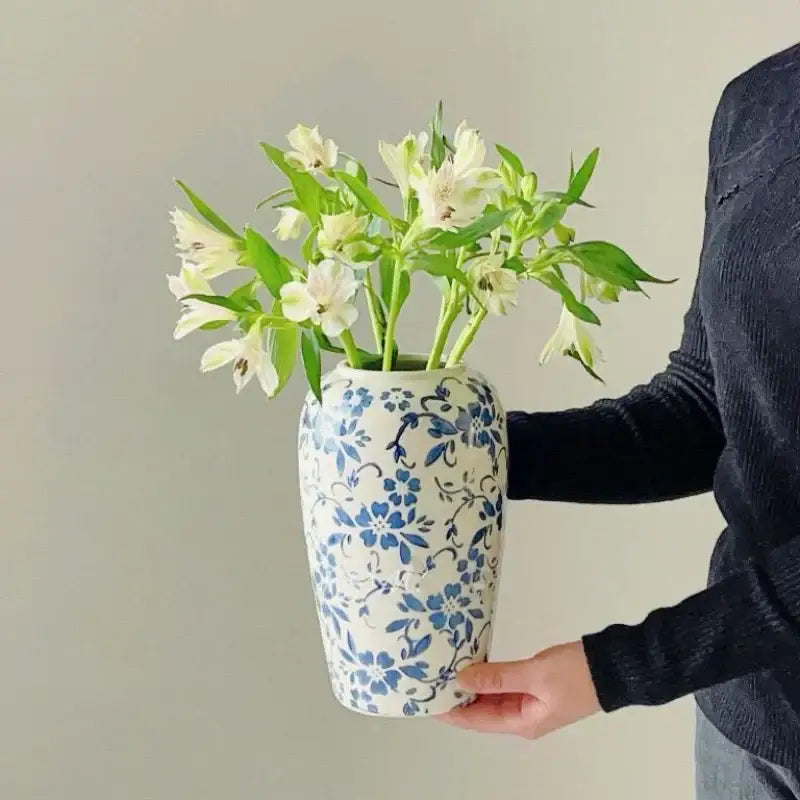 DecorBites™ Blue & White Ceramic Vase, Ice Crack Flower Arrangement, Living Room Décor & Planting
