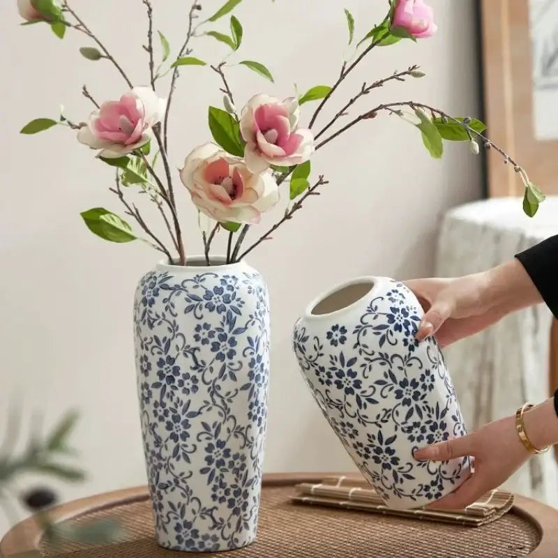 DecorBites™ Blue & White Ceramic Vase, Ice Crack Flower Arrangement, Living Room Décor & Planting