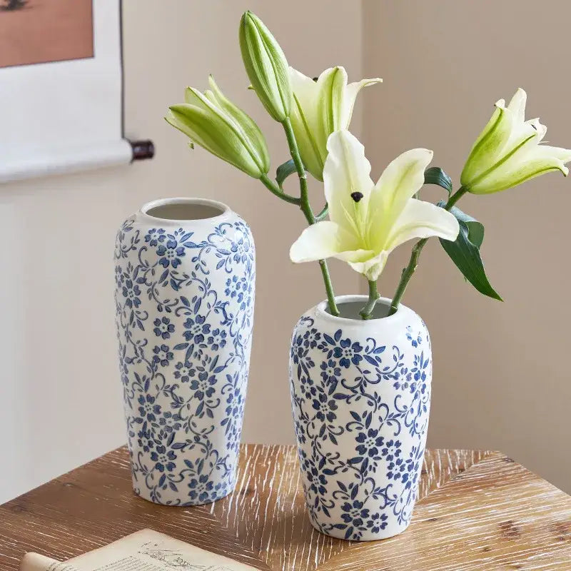 DecorBites™ Blue & White Ceramic Vase, Ice Crack Flower Arrangement, Living Room Décor & Planting