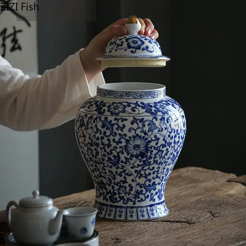 DecorBites™ Blue & White Porcelain Jar with Gold Plating - Ceramic Storage & Desk Decor