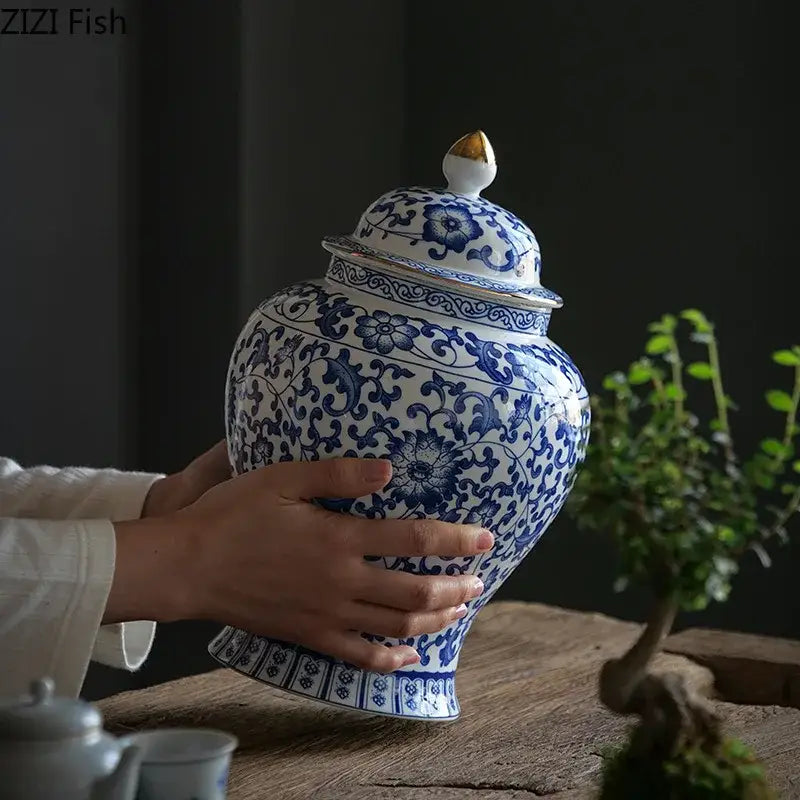 DecorBites™ Blue & White Porcelain Jar with Gold Plating - Ceramic Storage & Desk Decor