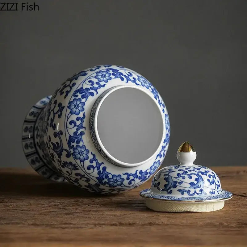 DecorBites™ Blue & White Porcelain Jar with Gold Plating - Ceramic Storage & Desk Decor