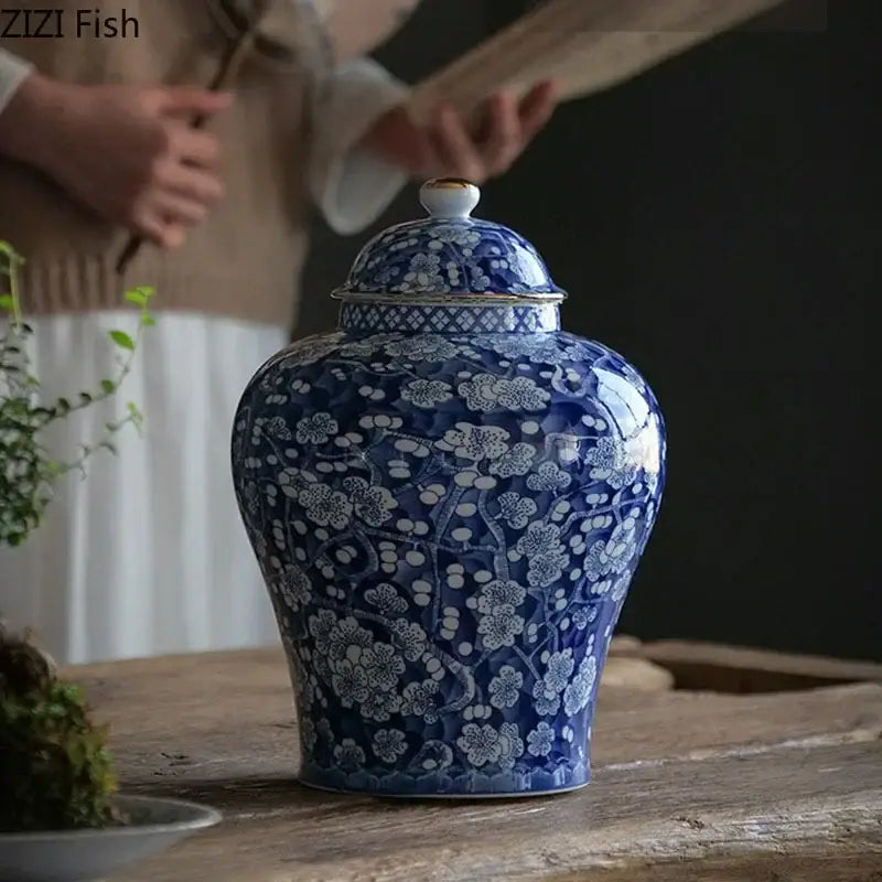 DecorBites™ Blue & White Porcelain Jar with Gold Plating - Ceramic Storage & Desk Decor