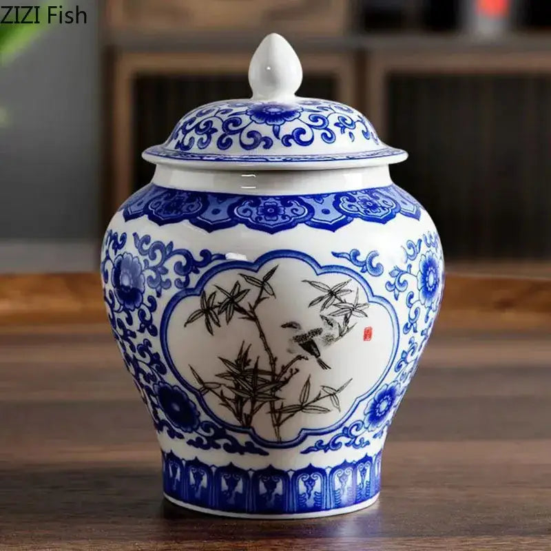 DecorBites™ Blue & White Porcelain Tea Canister | Ceramic Sealed Caddy Jar