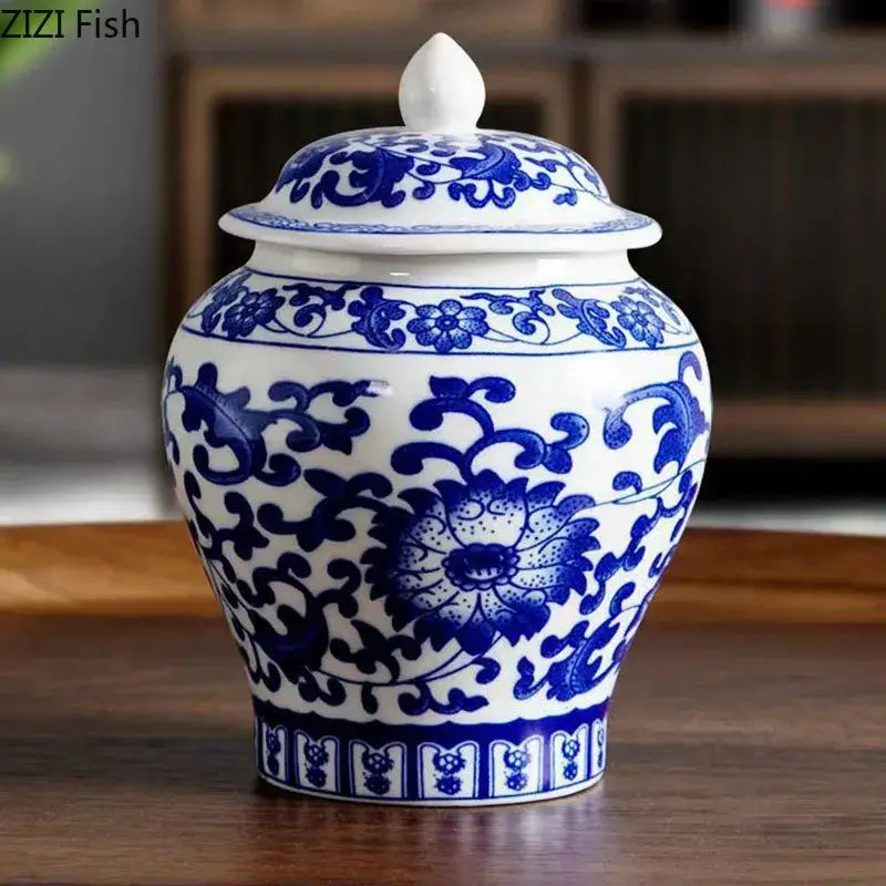 DecorBites™ Blue & White Porcelain Tea Canister | Ceramic Sealed Caddy Jar