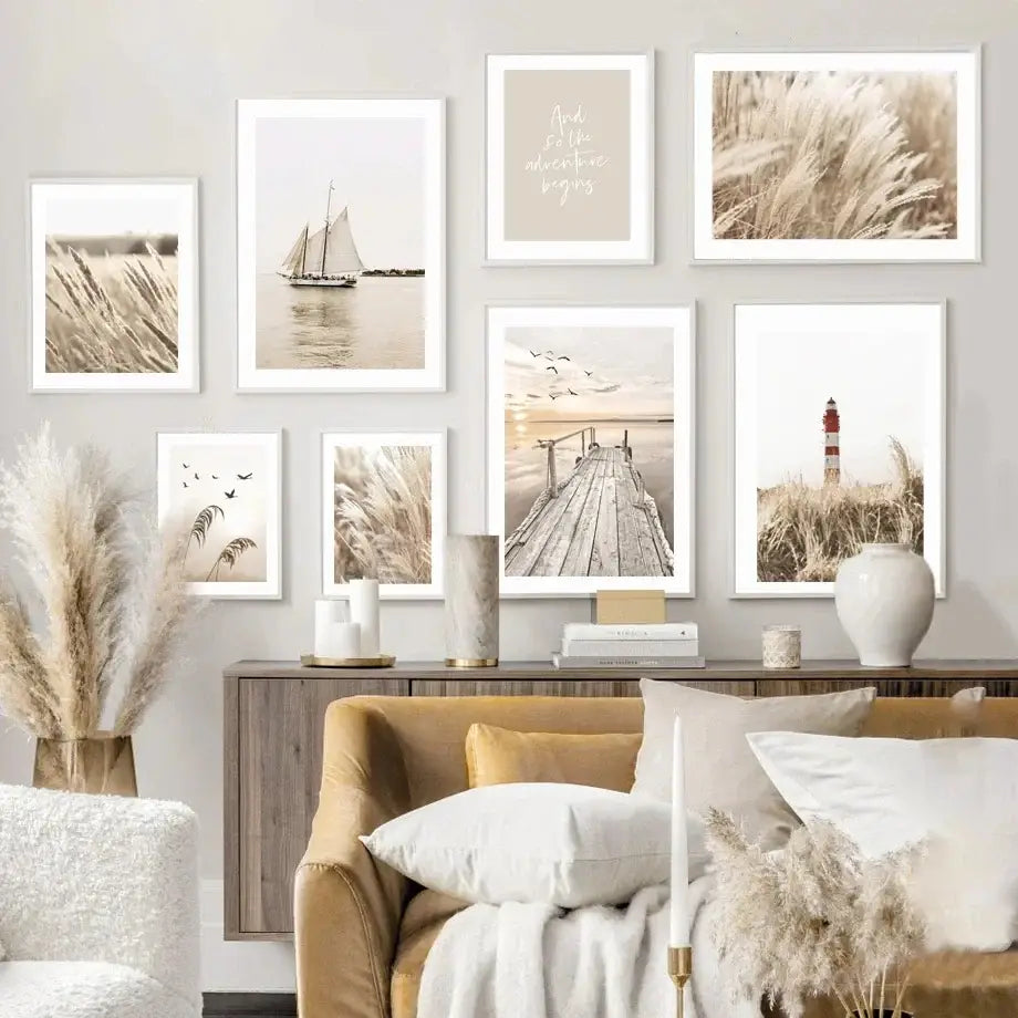 Vintage white sailboat bohemian beach wall art print bedroom decor
