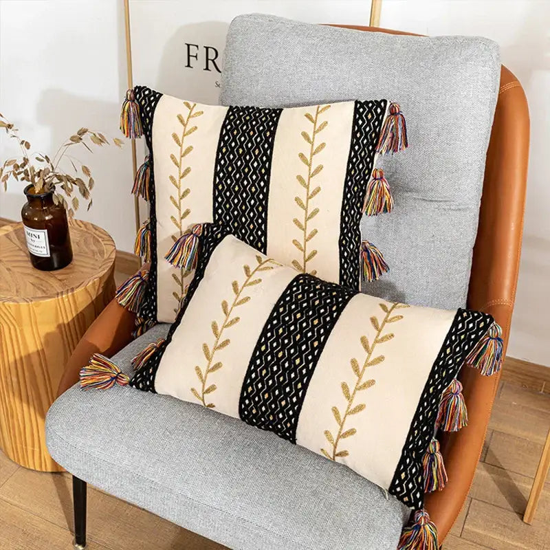 DecorBites™ Bohemian Cotton Embroidery Cushion Cover with Tassel for Home Decoration