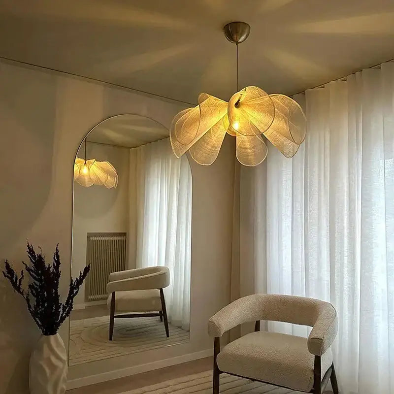 Bohemian cream fabric flower chandelier for dining room lighting