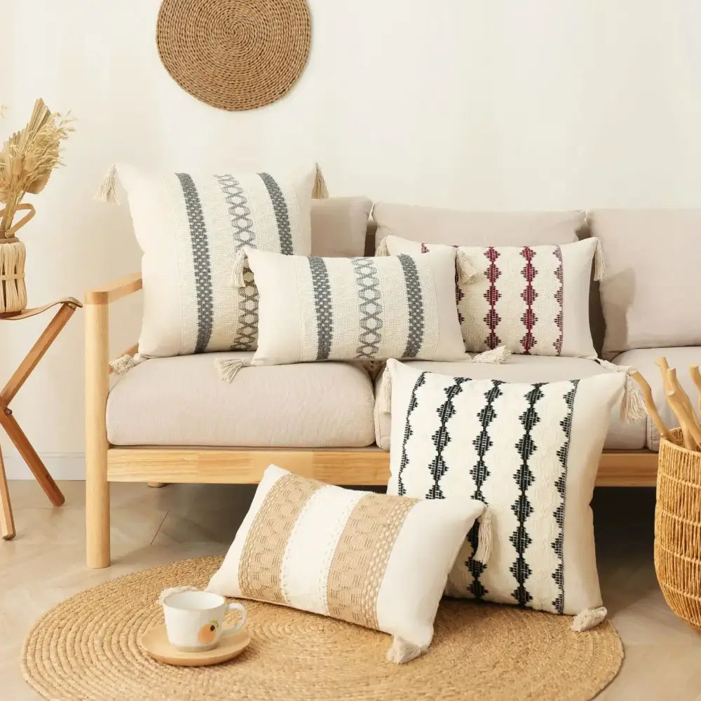 Bohemian cream & gray geometric tassel cushion cover living room
