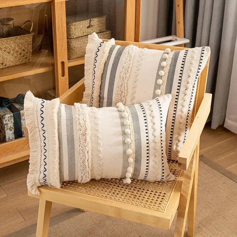 Bohemian cream & gray striped cotton cushion cover living room pom-pom