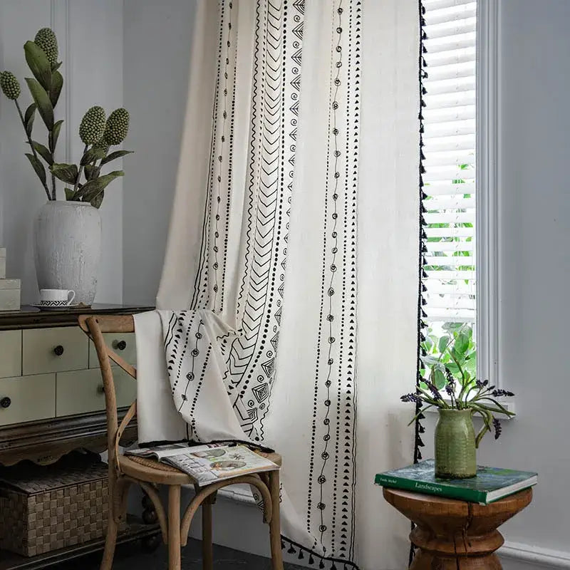 Bohemian ethnic geometry printed cream & black curtains living room