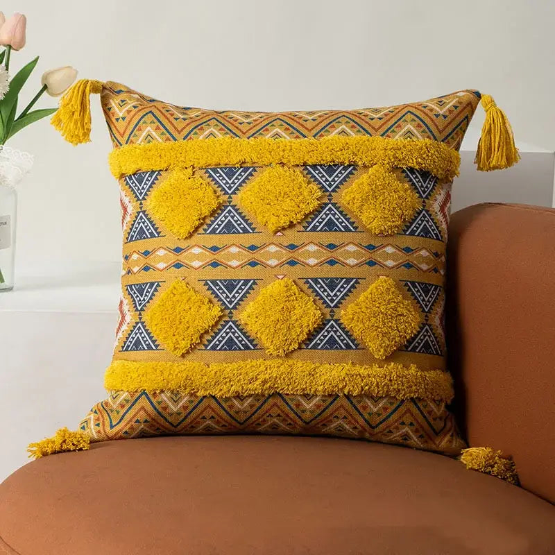Bohemian floral throw pillow cover with tassels for living room