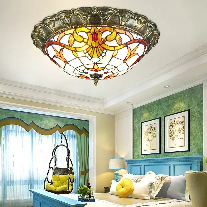 Bohemian glass ceiling light amber stained glass bedroom lamp