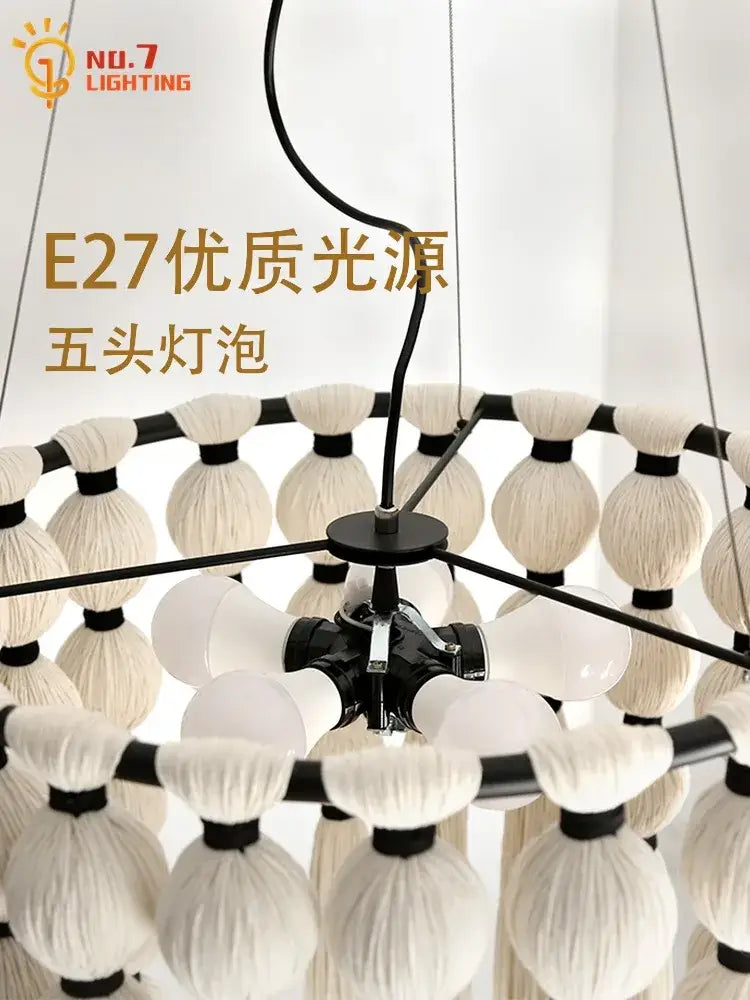 Bohemian tassel pendant led light beige macrame bedroom decor