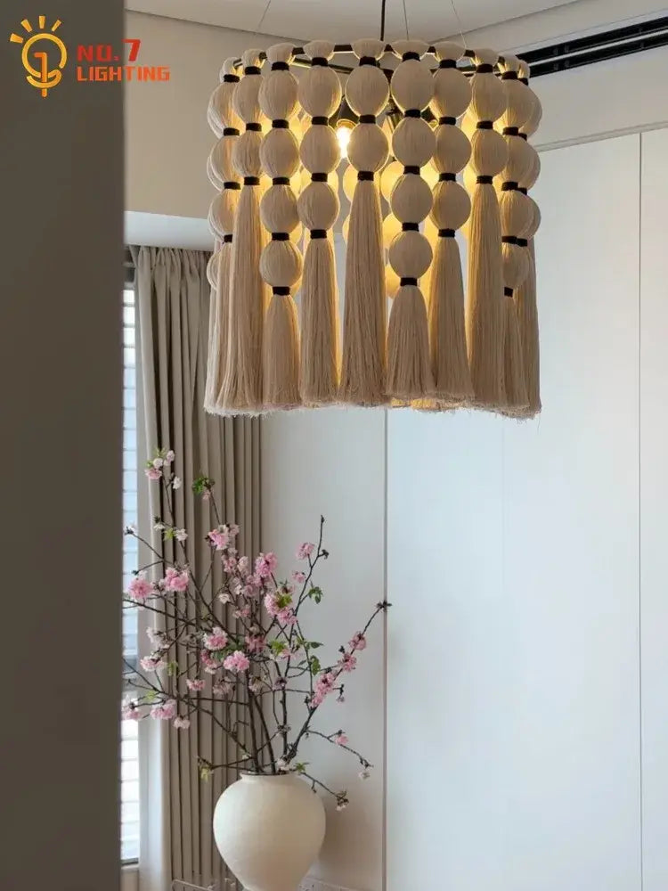 Bohemian tassel pendant led light beige macrame bedroom decor