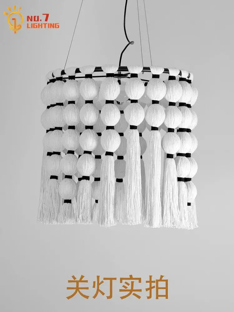 Bohemian tassel pendant led light beige macrame bedroom decor