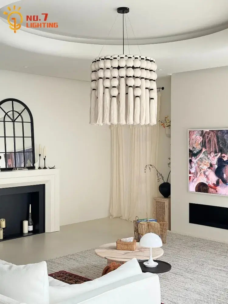 Bohemian tassel pendant led light beige macrame bedroom decor