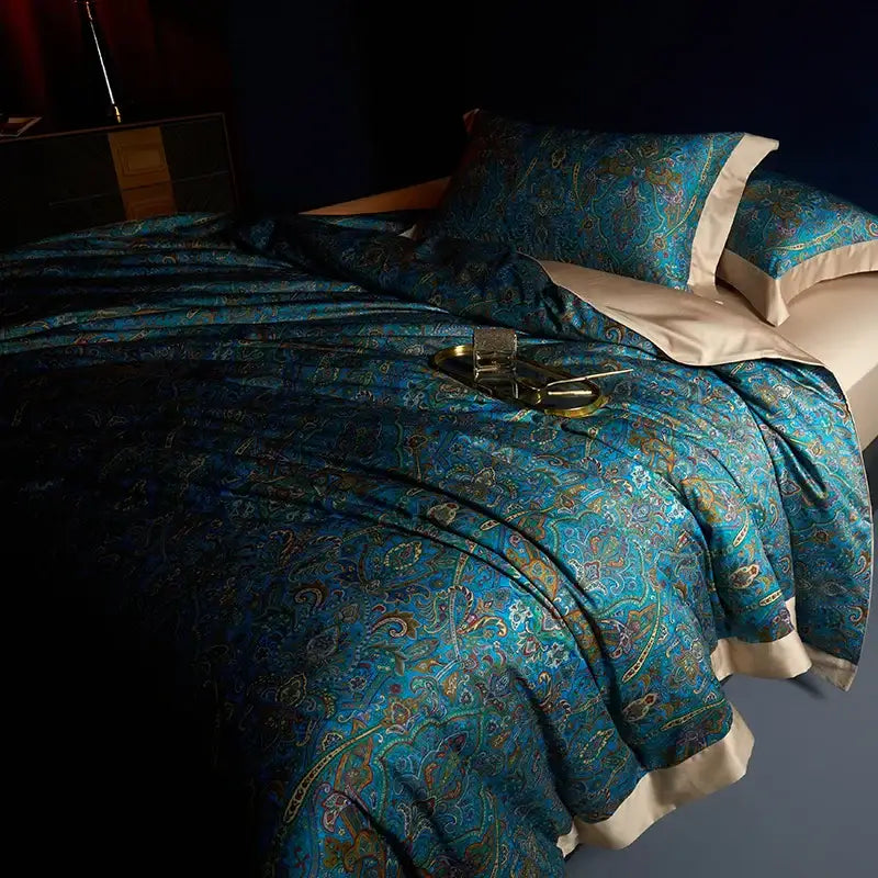Bohemian teal & gold egyptian cotton bedding set bedroom paisley
