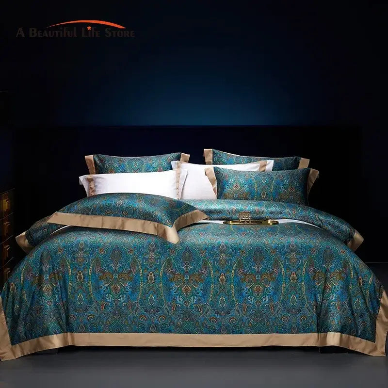 Bohemian teal & gold egyptian cotton bedding set bedroom paisley
